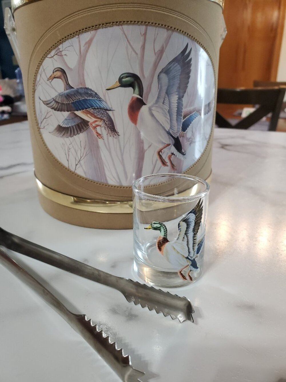 Vintage Mallard Ducks Ice Bucket with Shot Glass